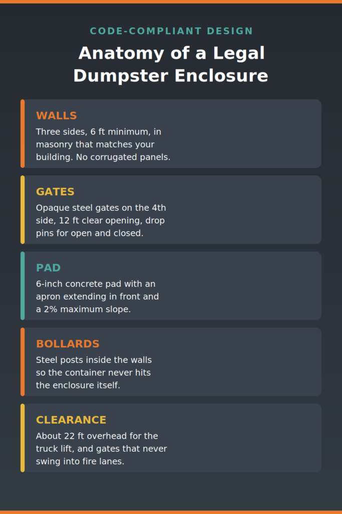 Anatomy of a code compliant dumpster enclosure infographic