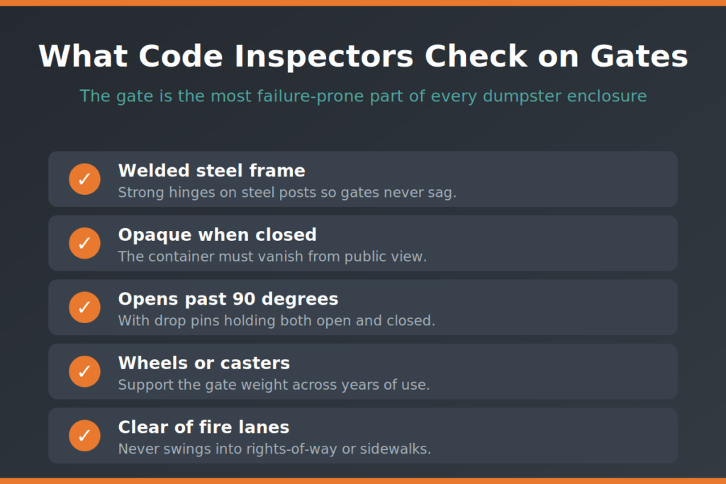 What code inspectors check on dumpster enclosure gates